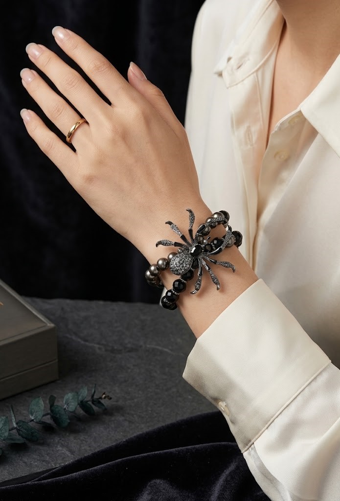 Gothic Black Spider Beads Bracelet for Women Men Unique Spider Web Charm Dark Personality Handmade Jewelry Gifts Accessories