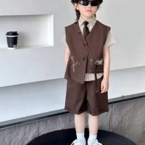 3 PCS set Autumn Spring Boy Retro Stripes TShirt+Pants Shorts+Vest Kid Children baby Gentleman Handsome Streetwear Party Clothes
