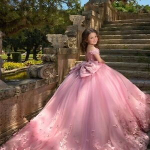 Quality 3D Butterfly Flower Girl Dress with Pleats Lace Applique Little Girls Wedding Ball Gown with Bow Pearly Girls Dresses