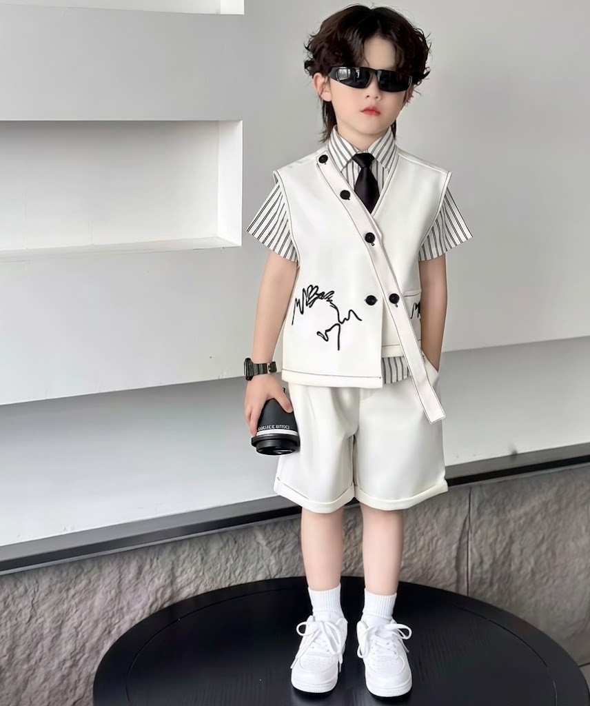 3 PCS set Autumn Spring Boy Retro Stripes TShirt+Pants Shorts+Vest Kid Children baby Gentleman Handsome Streetwear Party Clothes - Image 3