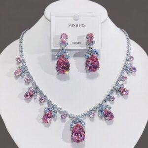 Luxury Waterdrop Pendant Jewelry Set Earring Pink Necklace For Women Bridal Wedding Exquisite Fashion Zircon Party Banquet Gift