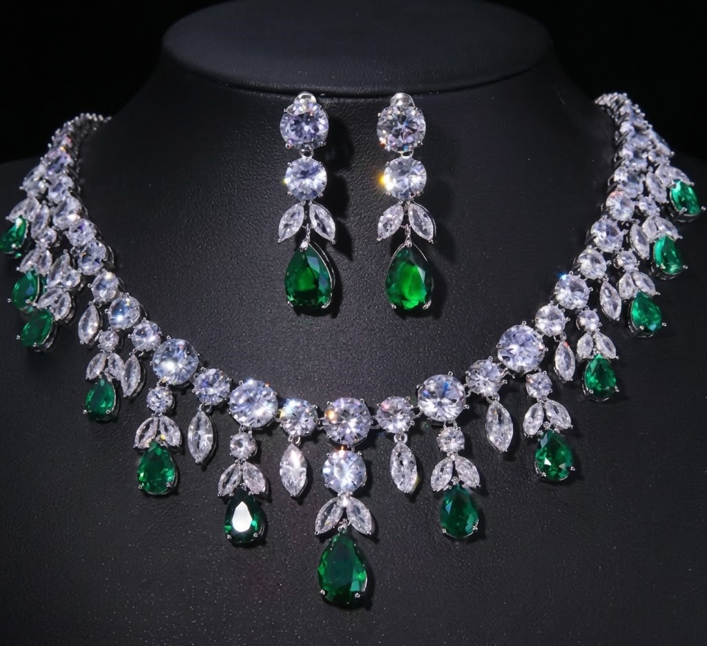 Emmaya Zircons Bling Square Drop Dark Blue Cubic Zircon Necklace and Earrings Women Party Jewelry Set for Wedding Brides